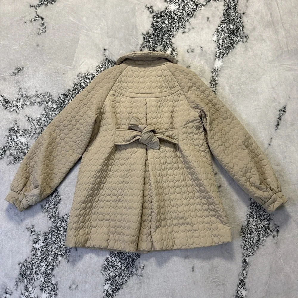 Betsey Johnson Coat Womens Size M Beige Quilted Puffer Back Bow Detail Polyester